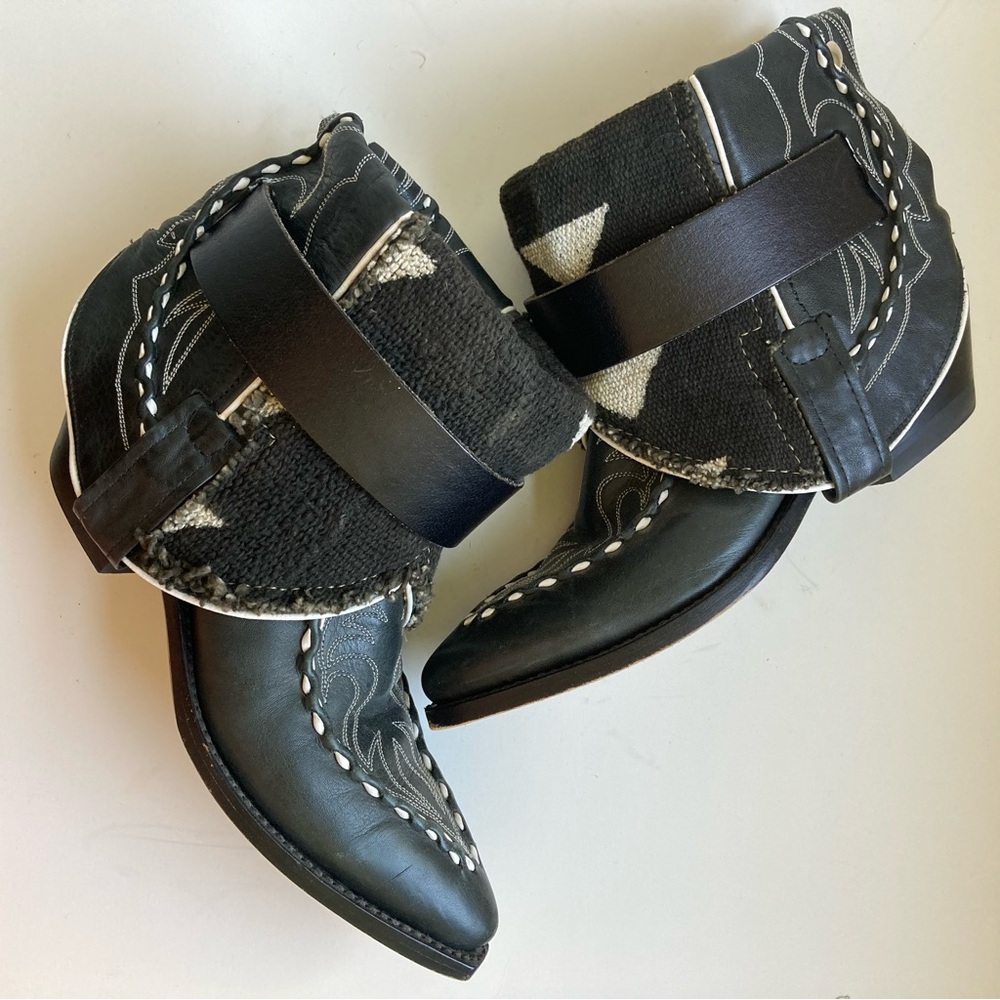 Canty Dan Post Black Leather & Textile Boho Short Ankle Western Cowboy Boots 7.5 - Picture 3 of 16